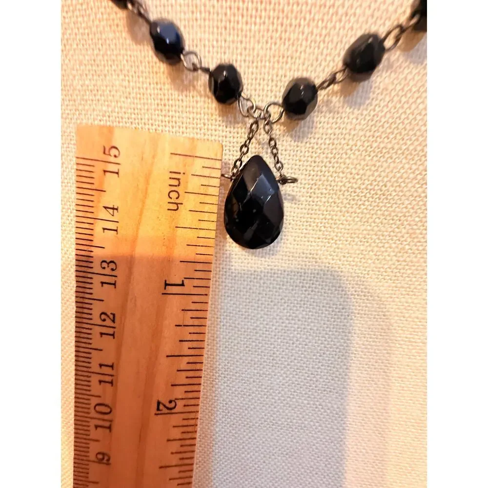 Vintage Black Bead Drop Necklace 14”+3”